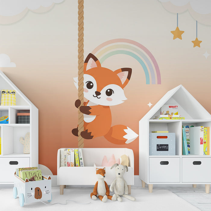 Kinderzimmer-Tapete | Niedlicher Fuchs klettert mit Regenbogen und Sternen