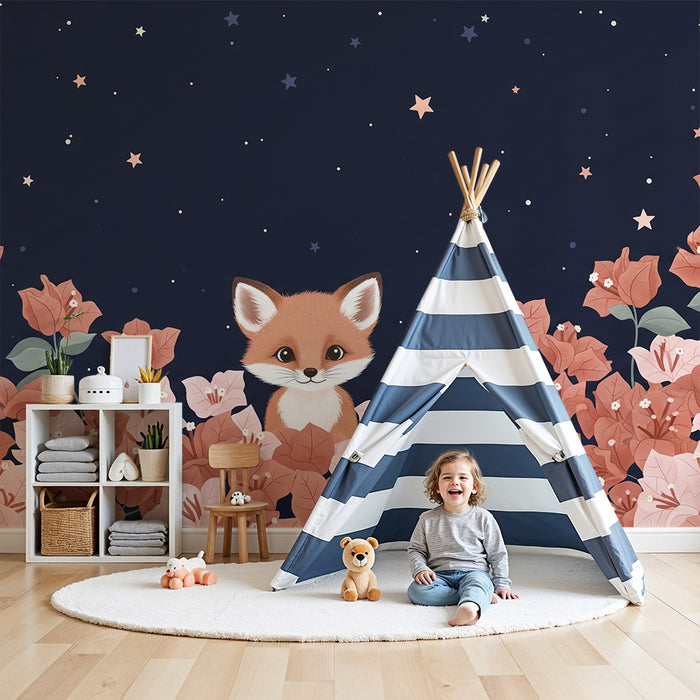 Børneværelse tapet | Sød ræv blandt stjernede blomster