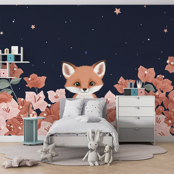 Børneværelse tapet | Sød ræv blandt stjernede blomster