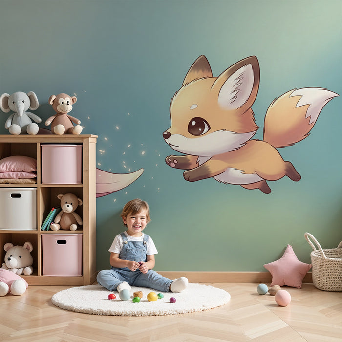 Papier peint chambre enfant | Renard mignon poursuivant une pétale magique