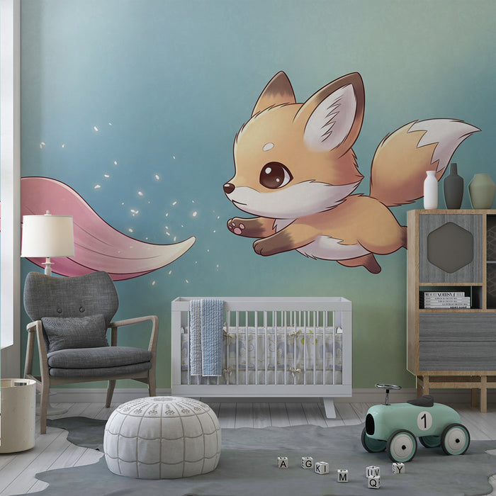 Papier peint chambre enfant | Renard mignon poursuivant une pétale magique