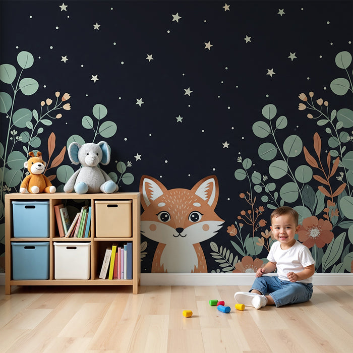 Tapety dla dzieci | Uroczy lis pod ciemnym tłem gwiazd