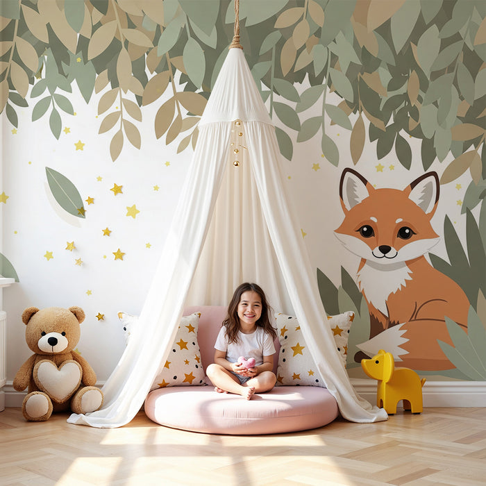 Χαρτί τοίχου παιδικό δωμάτιο | Χαριτωμένη αλεπού κάτω από τα φύλλα