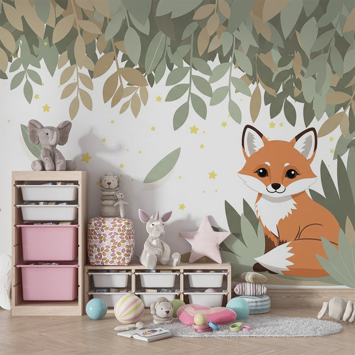 Χαρτί τοίχου παιδικό δωμάτιο | Χαριτωμένη αλεπού κάτω από τα φύλλα
