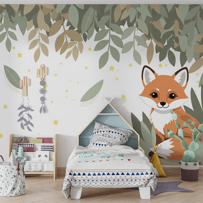 Χαρτί τοίχου παιδικό δωμάτιο | Χαριτωμένη αλεπού κάτω από τα φύλλα