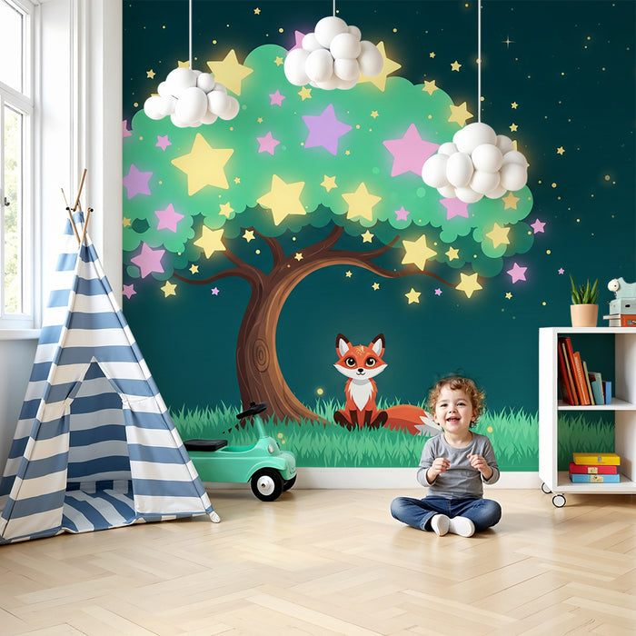 Kids' Room Wallpaper | Cute Fox Under a Starry Tree