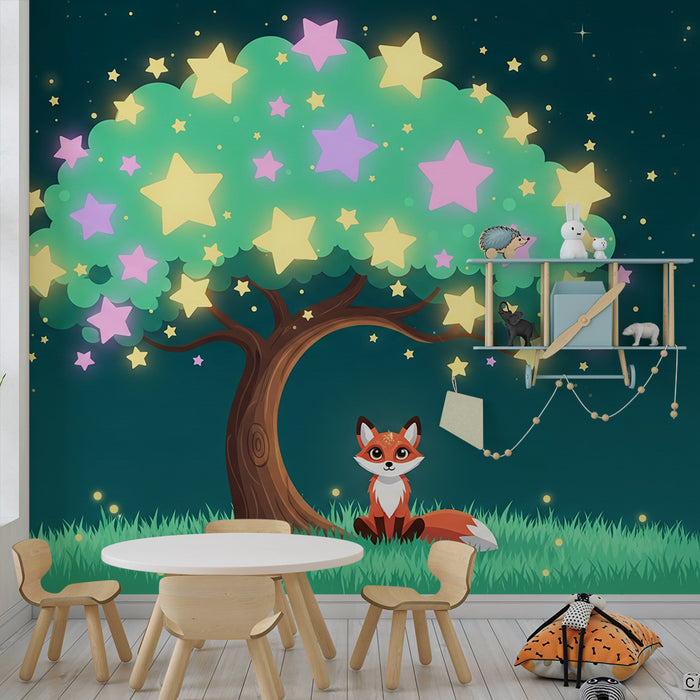 Kids' Room Wallpaper | Cute Fox Under a Starry Tree
