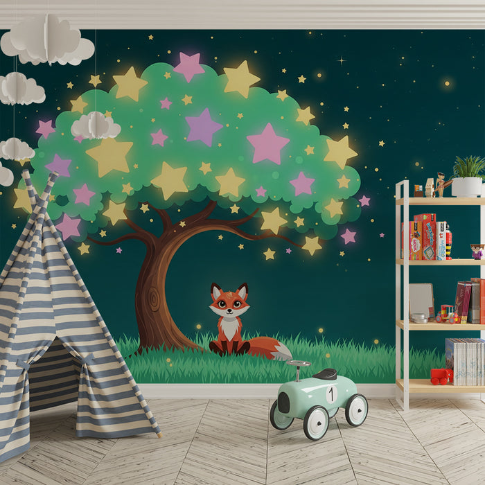 Kids' Room Wallpaper | Cute Fox Under a Starry Tree