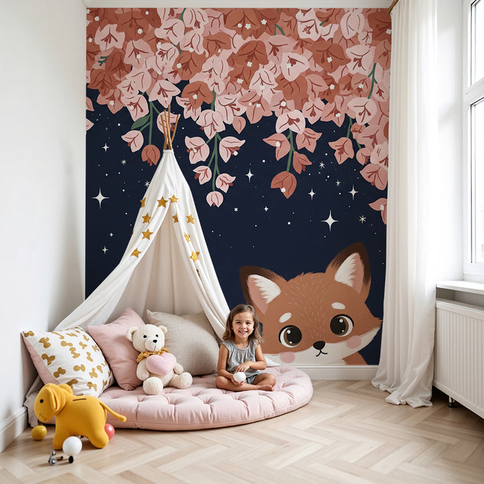Børneværelse tapet | Sød ræv under en stjernehimmel