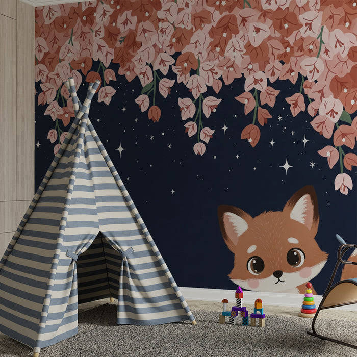 Børneværelse tapet | Sød ræv under en stjernehimmel