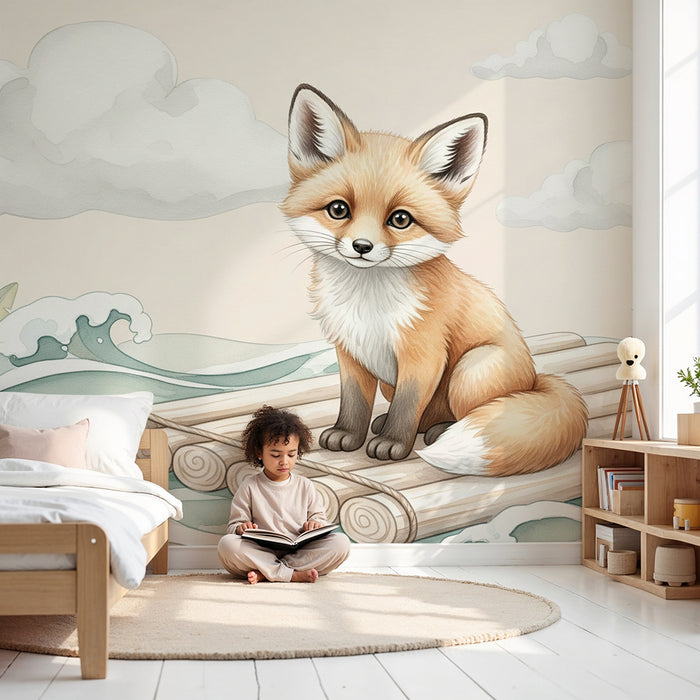 Kinderzimmer Tapete | Niedlicher Fuchs auf einem Floß