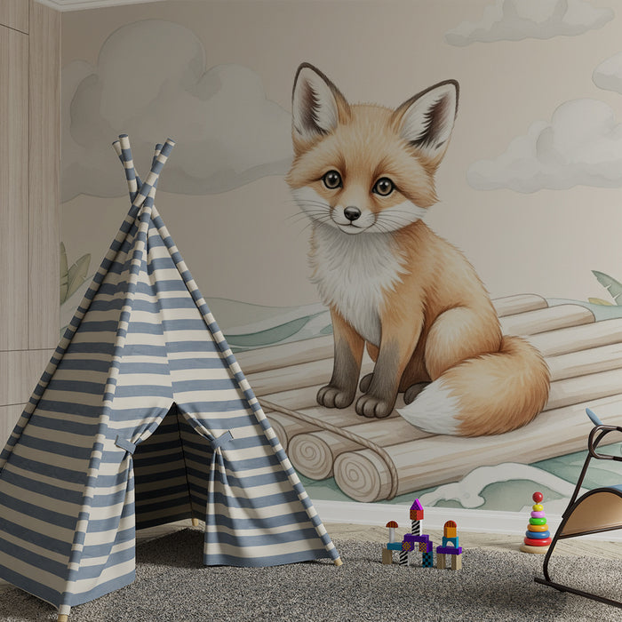 Kinderzimmer Tapete | Niedlicher Fuchs auf einem Floß