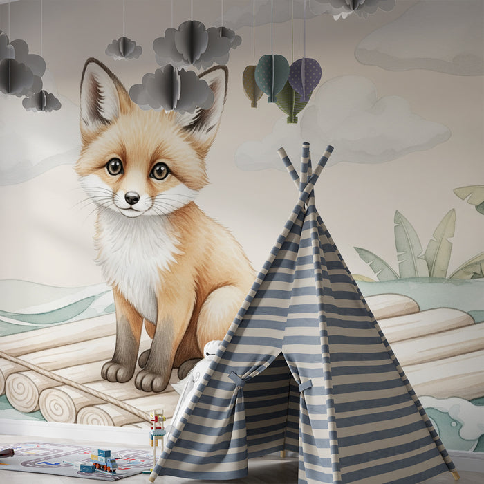Kinderzimmer Tapete | Niedlicher Fuchs auf einem Floß