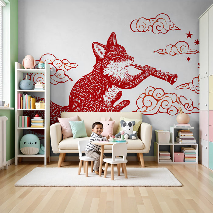 Papier peint chambre enfant | Renard musicien dans les nuages