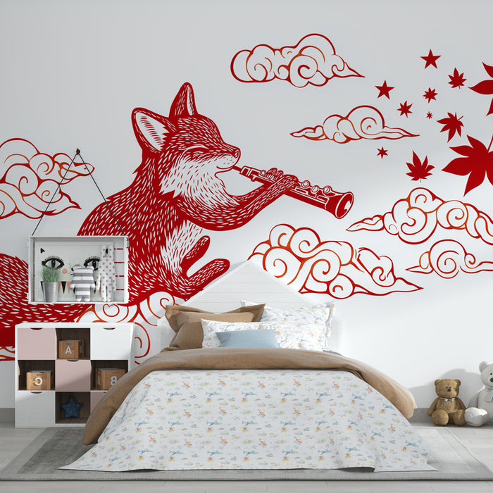 Papier peint chambre enfant | Renard musicien dans les nuages