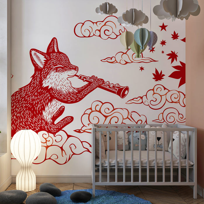 Papier peint chambre enfant | Renard musicien dans les nuages