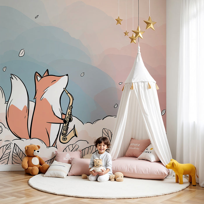 Papier peint chambre enfant | Renard musicien dans un nuage de douceur