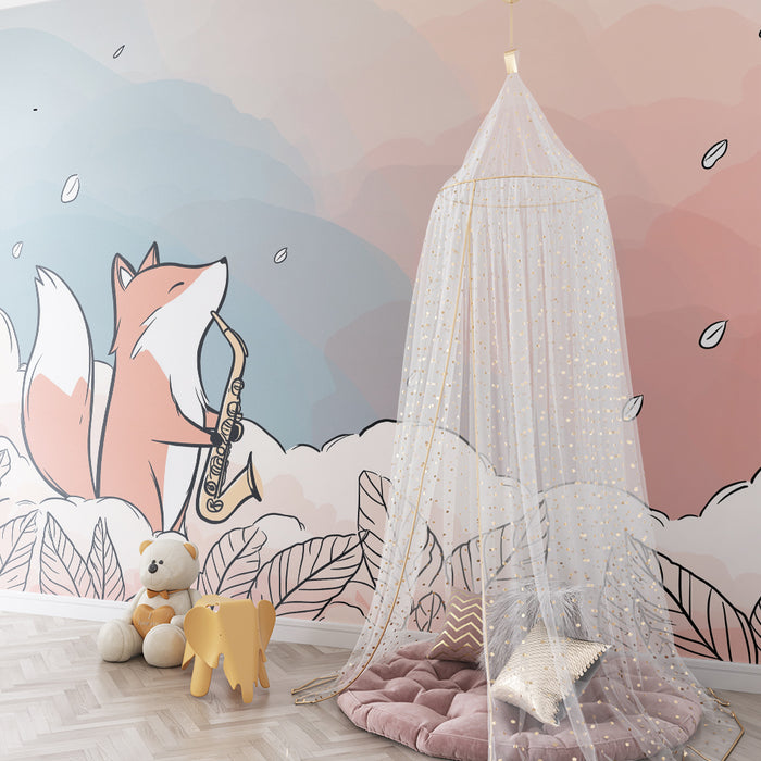 Papier peint chambre enfant | Renard musicien dans un nuage de douceur