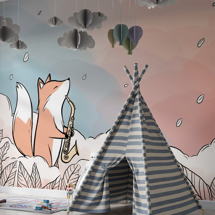 Papier peint chambre enfant | Renard musicien dans un nuage de douceur
