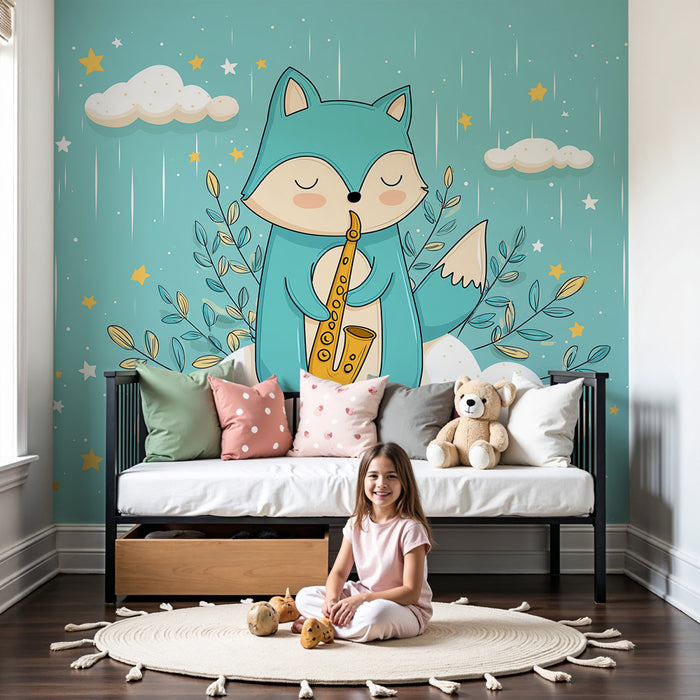 Papier peint chambre enfant | Renard musicien sur un nuage