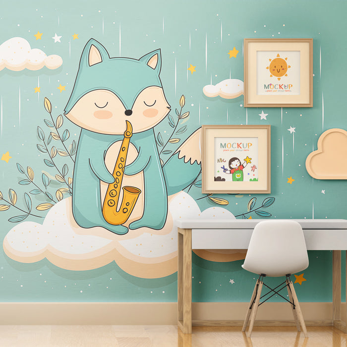 Papier peint chambre enfant | Renard musicien sur un nuage