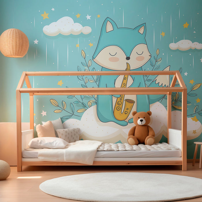 Papier peint chambre enfant | Renard musicien sur un nuage