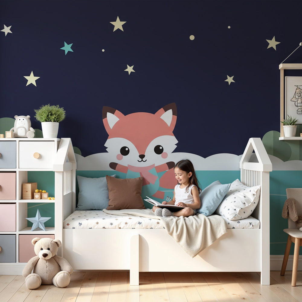 Carta da parati bambini | Volpe pattinatrice sotto le stelle — Kids Wall, image size:1000x1000