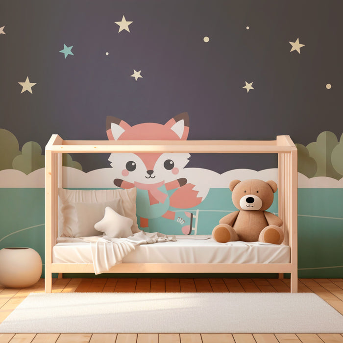 Kinderzimmer Tapete | Eislaufender Fuchs unter den Sternen