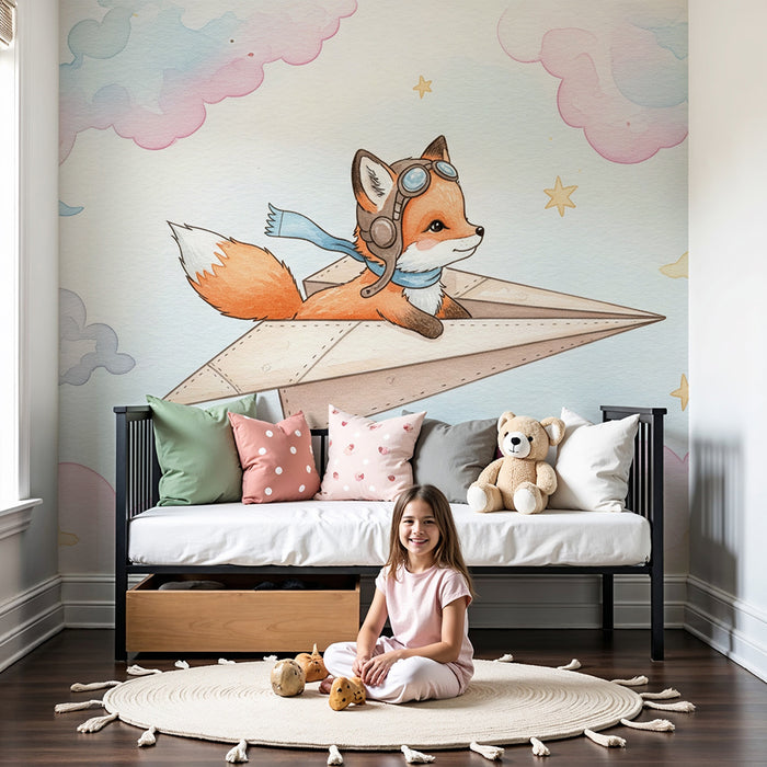 Kinderzimmer Tapete | Pilot Fuchs und bunte Wolken