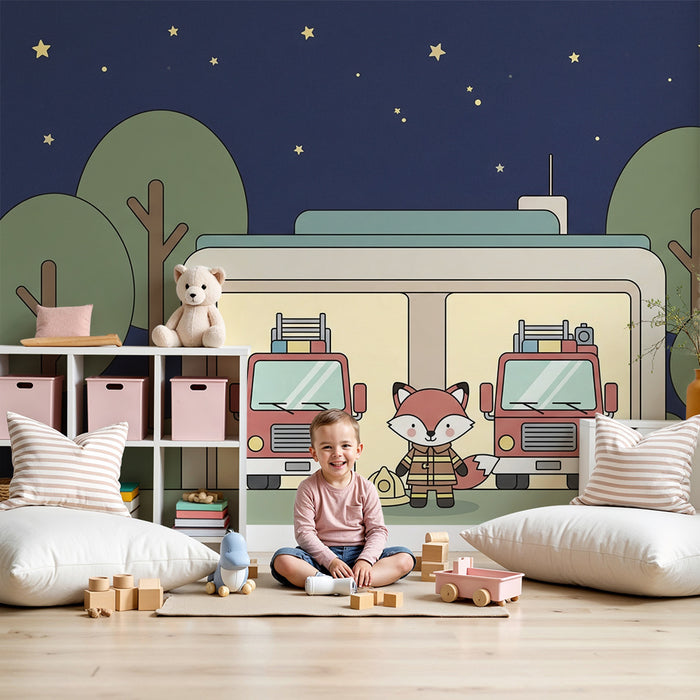 Papel de parede criança | Raposa bombeiro sob as estrelas