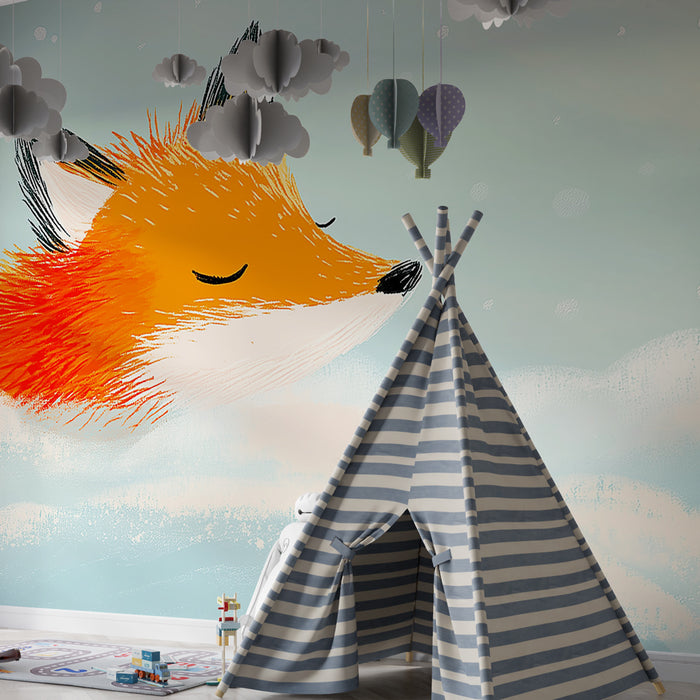 Papier peint chambre enfant | Renard rêveur dans les nuages