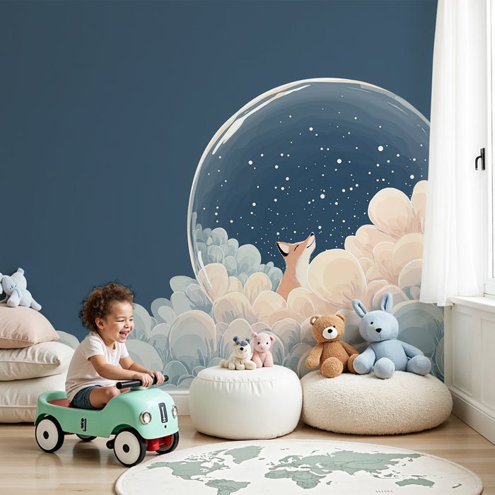 Papier peint chambre enfant | Renard rêveur dans un monde étoilé