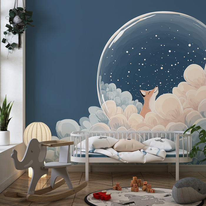 Papier peint chambre enfant | Renard rêveur dans un monde étoilé