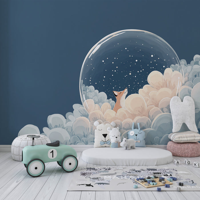 Papier peint chambre enfant | Renard rêveur dans un monde étoilé