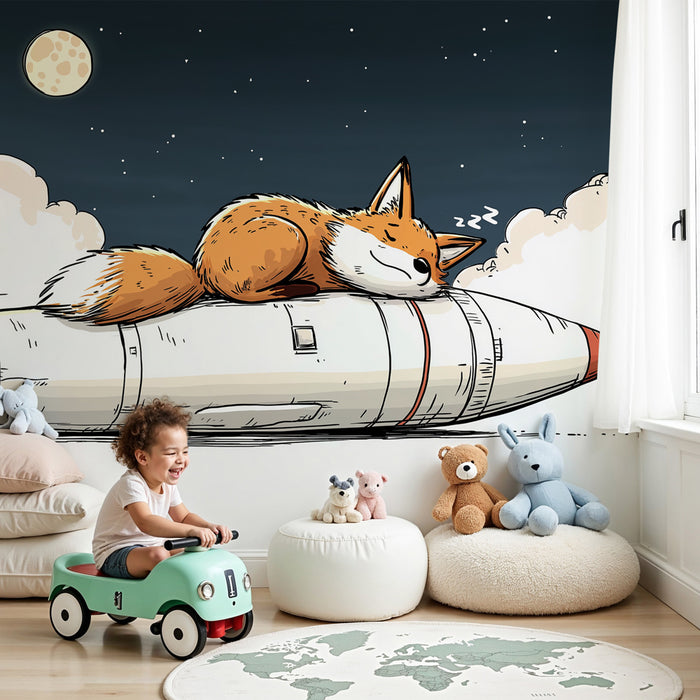Papier peint chambre enfant | Renard rêveur sur fusée