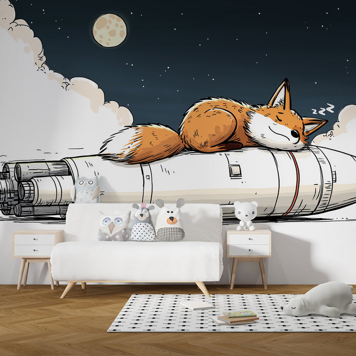 Papier peint chambre enfant | Renard rêveur sur fusée