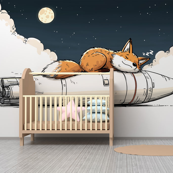 Papier peint chambre enfant | Renard rêveur sur fusée