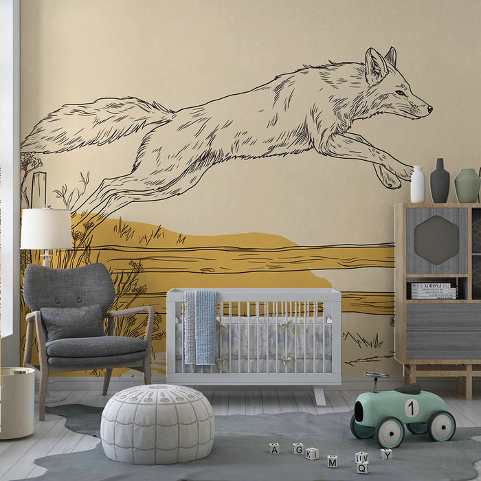 Papier peint chambre enfant | Renard sautant au-dessus d'une clôture avec des fleurs sauvages