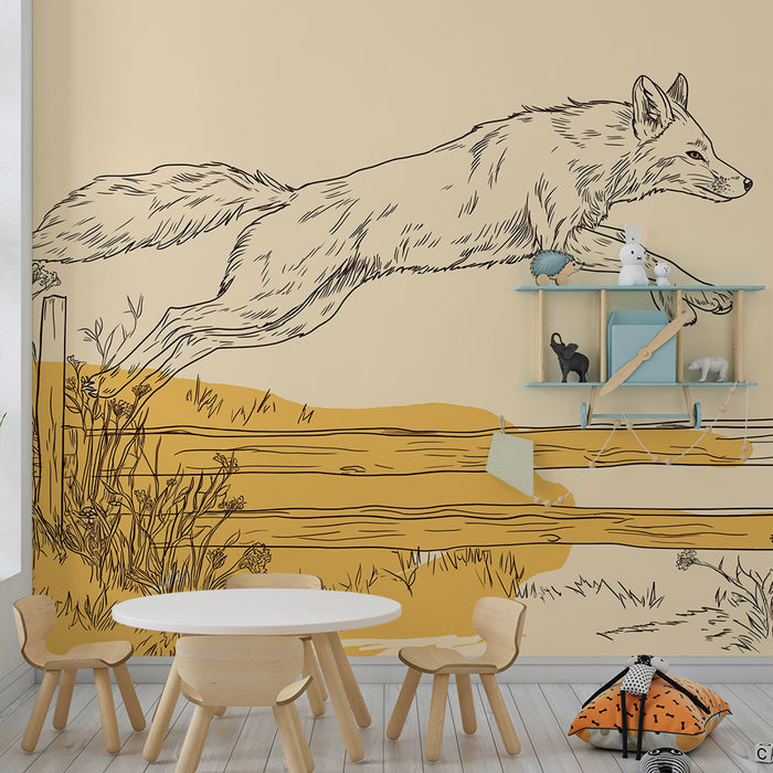 Papier peint chambre enfant | Renard sautant au-dessus d'une clôture avec des fleurs sauvages