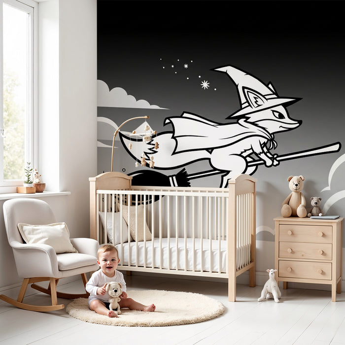 Kids room wallpaper | Wizard fox on a broom in a cloudy sky