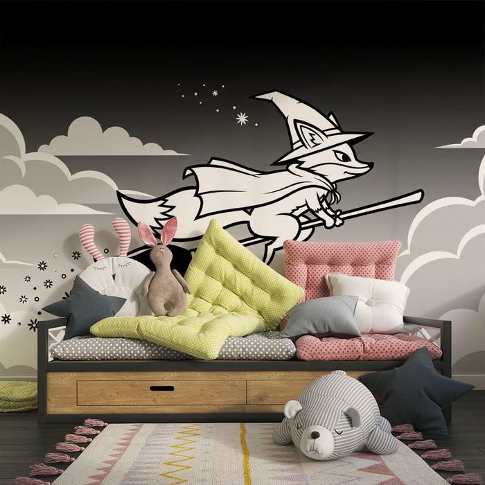 Kids room wallpaper | Wizard fox on a broom in a cloudy sky