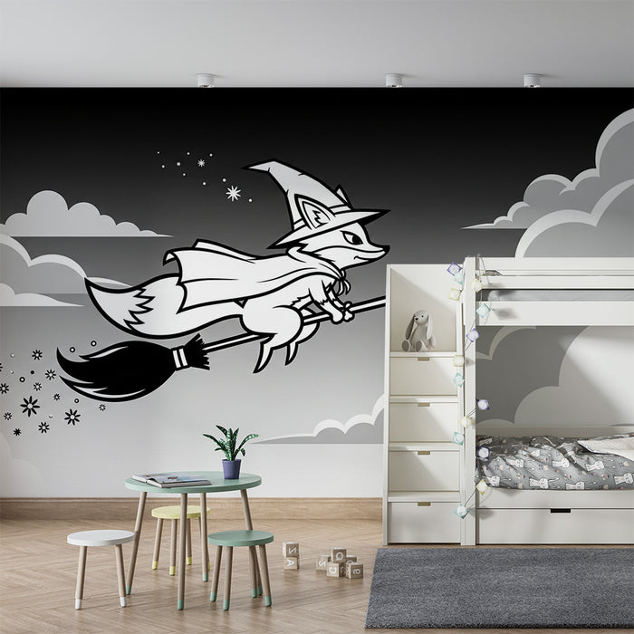 Kids room wallpaper | Wizard fox on a broom in a cloudy sky