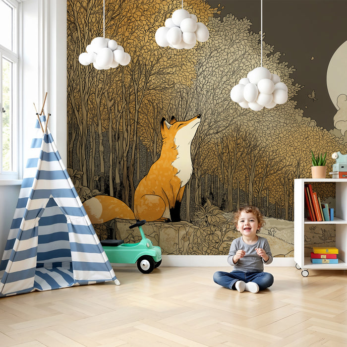 Papier peint chambre enfant | Renard sous la pleine lune