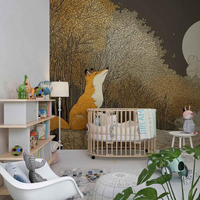 Papier peint chambre enfant | Renard sous la pleine lune