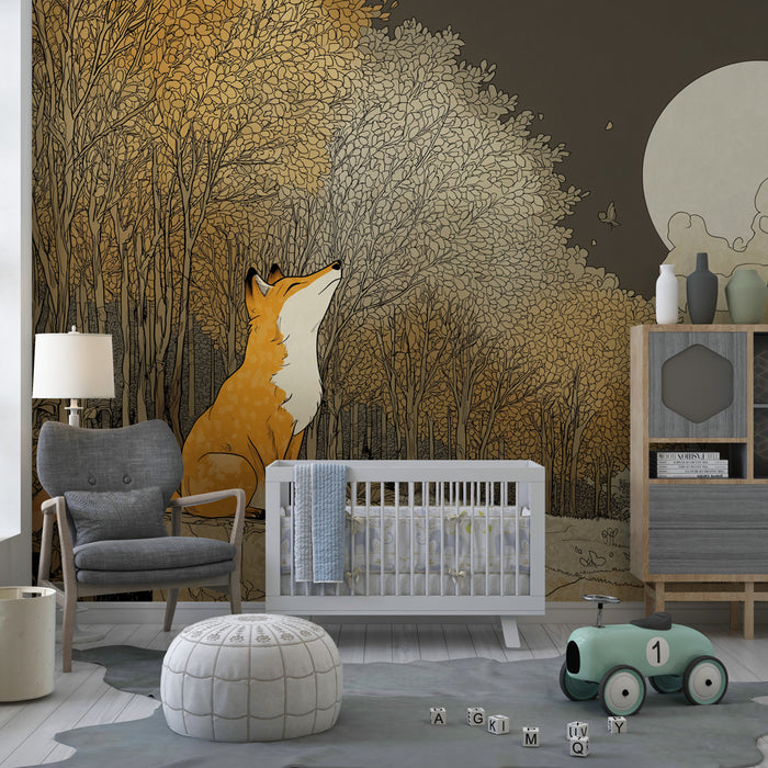 Papier peint chambre enfant | Renard sous la pleine lune
