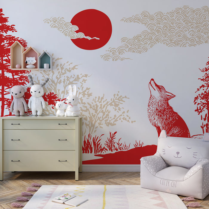 Papier peint chambre enfant | Renard sous le soleil levant