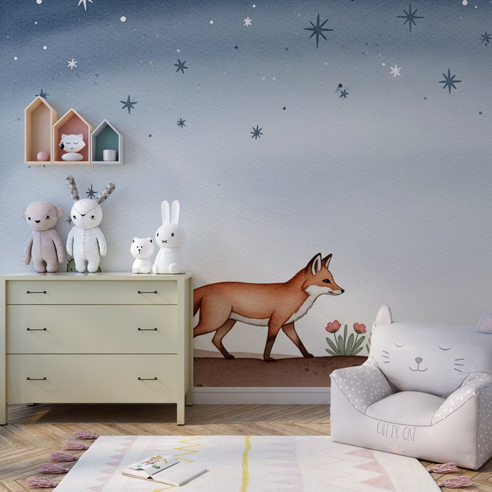 Papier peint chambre enfant | Renard sous un ciel étoilé
