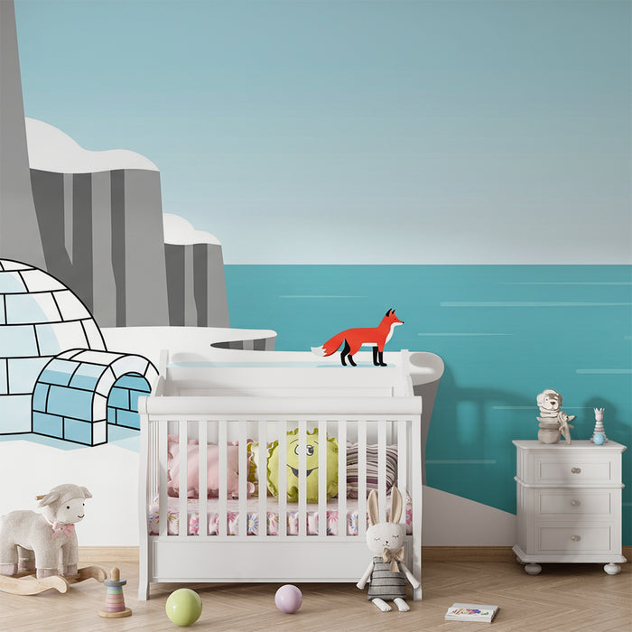 Papel de parede para quarto de criança | Raposa no gelo com iglu e mar turquesa