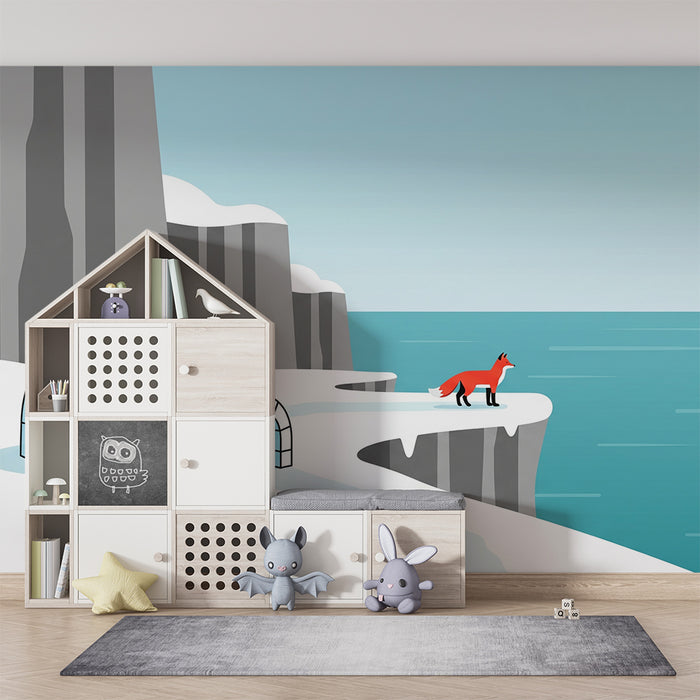 Papel de parede para quarto de criança | Raposa no gelo com iglu e mar turquesa