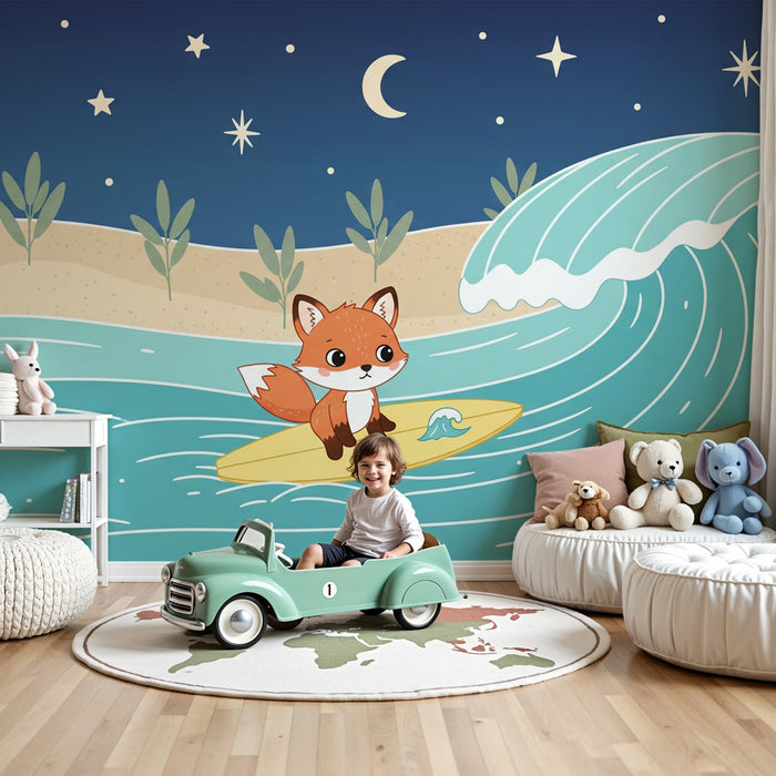 Papier peint chambre enfant | Renard sur sa planche de surf au clair de lune